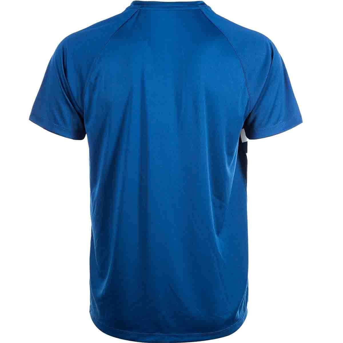 Back view of the FZ Forza Mouritz Men's Badminton T-Shirt in Estate Blue, showcasing its clean design with raglan-style short sleeves. This FZ Forza shirt is ideal for badminton, offering ultimate comfort with its quick-drying feature and a minimalist appearance free of visible logos or patterns.