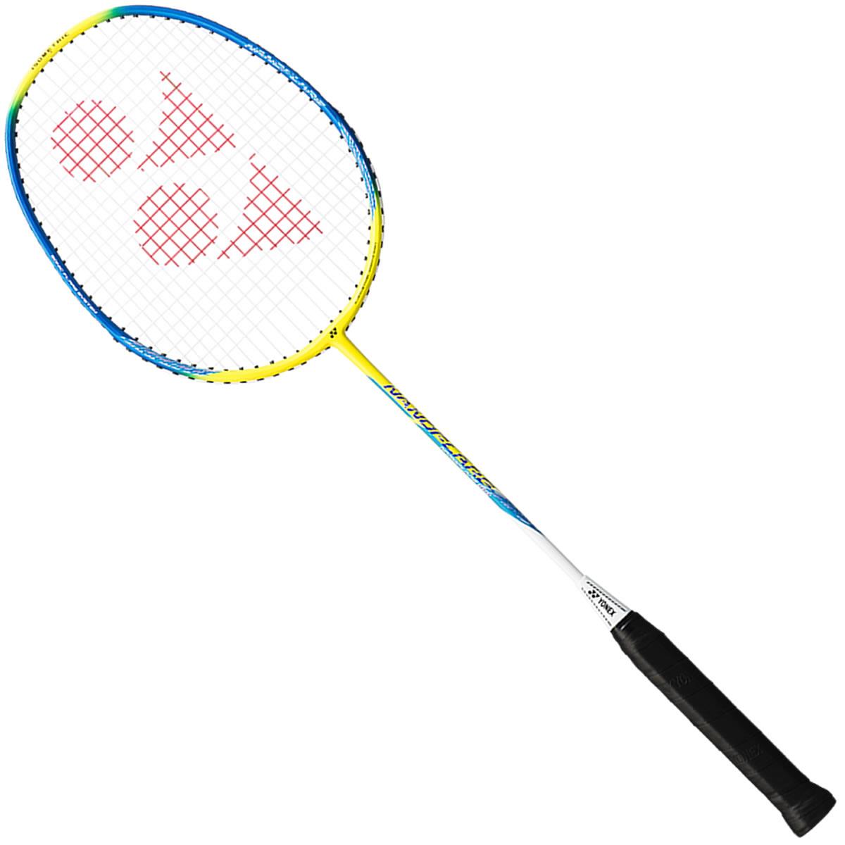 The Yonex Nanoflare 100 Badminton Racket - Blue Yellow by Yonex showcases an ISOMETRIC™ head shape and a head light balance. Its striking design features a black handle, complemented by a frame in blue and yellow, while the white strings are adorned with a red pattern for extra flair.