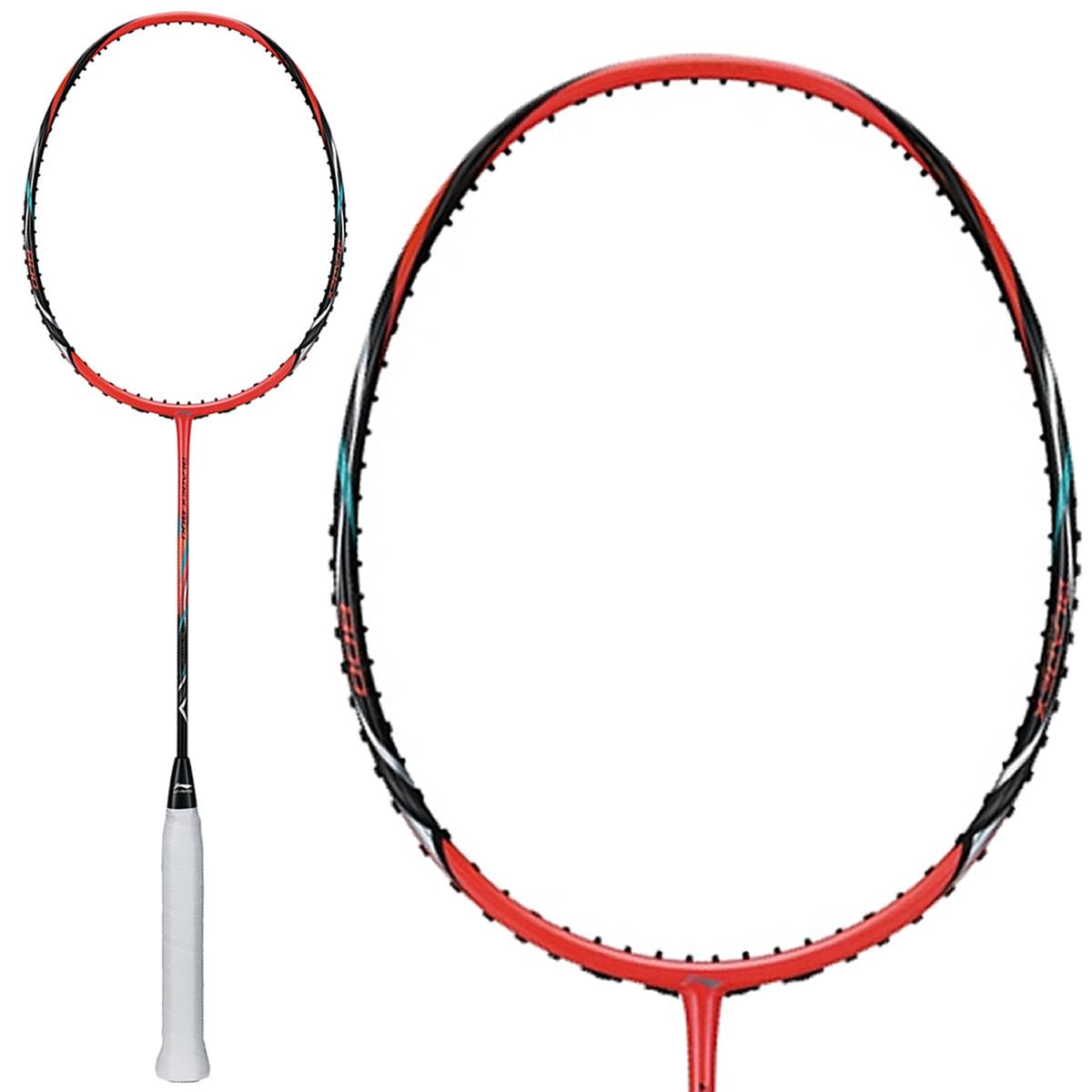 The Li-Ning BladeX 800 4U badminton racket, designed for advanced players, showcases a striking red and black color scheme with a white grip on the handle. Set against a white background, both the sleek full view and a close-up of the head emphasize its aerodynamic design for enhanced speed.