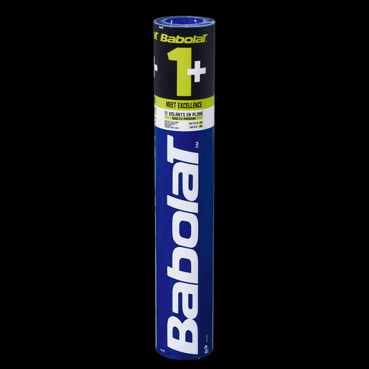 A Babolat cylindrical canister, decorated in blue and black with white and yellow text showcasing "1+" and "Meet Excellence," houses a set of 12 feather shuttlecocks, offering premium durability that ensures every play meets exceptional standards.