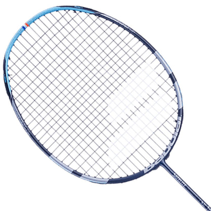 The Babolat Satelite Power Badminton Racket - Blue, featuring a detailed string pattern for optimal control, power, and speed, is displayed against a plain white background.