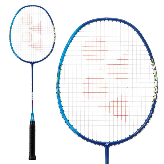 A detailed close-up of the Yonex Astrox 01 Clear 4U Badminton Racket in blue highlights its sophisticated design, including a black grip ideal for aggressive attacking play. The image captures the racket's branding with a white string bed featuring a red logo pattern, showcasing two angles to emphasize its design features.