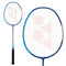 A detailed close-up of the Yonex Astrox 01 Clear 4U Badminton Racket in blue highlights its sophisticated design, including a black grip ideal for aggressive attacking play. The image captures the racket's branding with a white string bed featuring a red logo pattern, showcasing two angles to emphasize its design features.