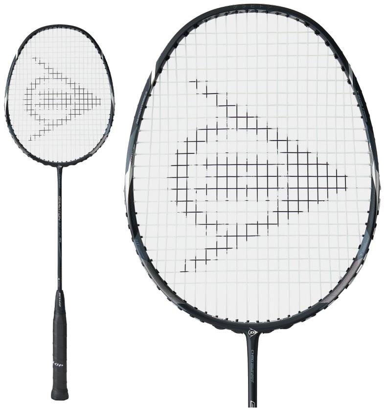 A close-up image of the Dunlop Graviton XF SE Max Badminton Racket in black featuring a white net with the Dunlop logo on the strings. The aerodynamic frame is fully showcased, along with a detailed view of the head that highlights its design and maximum string tension pattern.