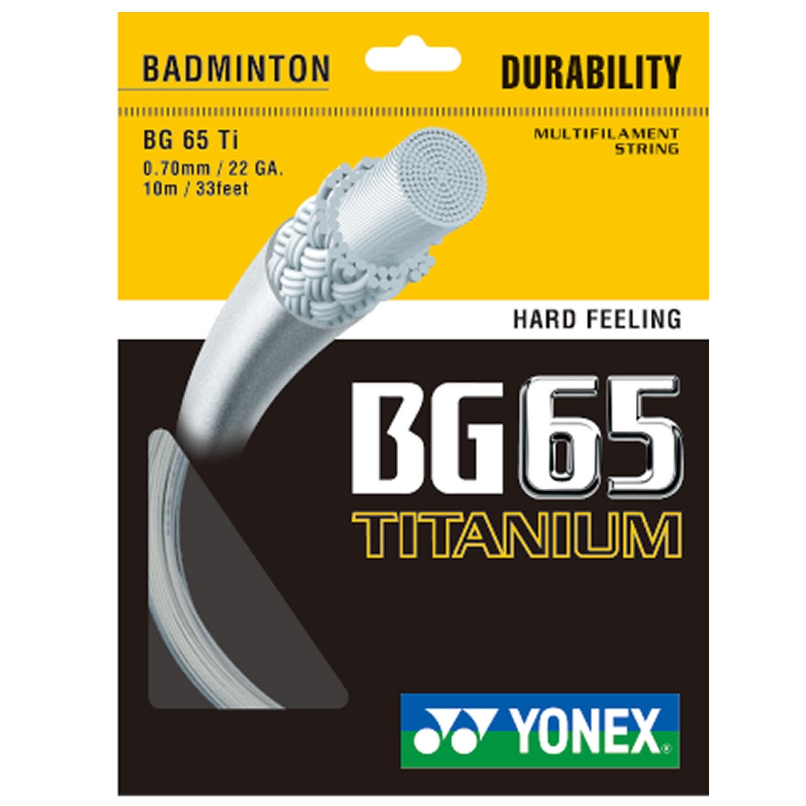 The Yonex BG 65 Ti Badminton String White is designed with a multifilament core to offer extended durability and a hard feeling. Crafted from premium nylon fibers, it has a gauge of 0.7mm and comes in a 10m packet.