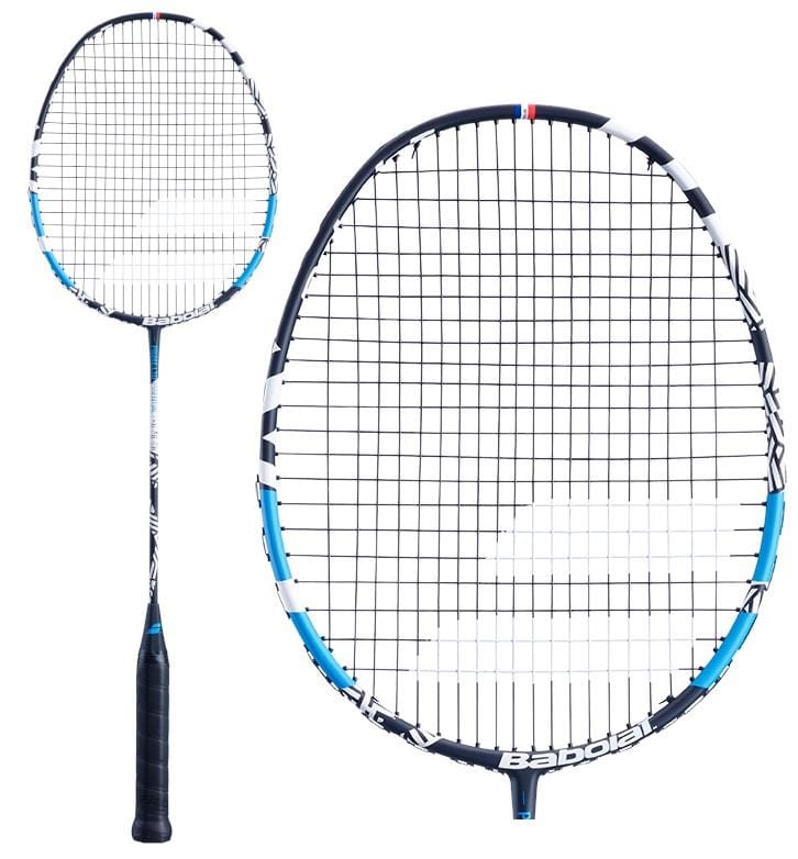 The Babolat Prime Essential LTD Badminton Racket features a white and black frame with a black handle and tightly woven strings, perfect for intermediate-level players. The Babolat brand name is prominently displayed on the frame, while its graphite construction and flexible shaft provide a clean, sporty design.