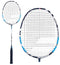 The Babolat Prime Essential LTD Badminton Racket features a white and black frame with a black handle and tightly woven strings, perfect for intermediate-level players. The Babolat brand name is prominently displayed on the frame, while its graphite construction and flexible shaft provide a clean, sporty design.