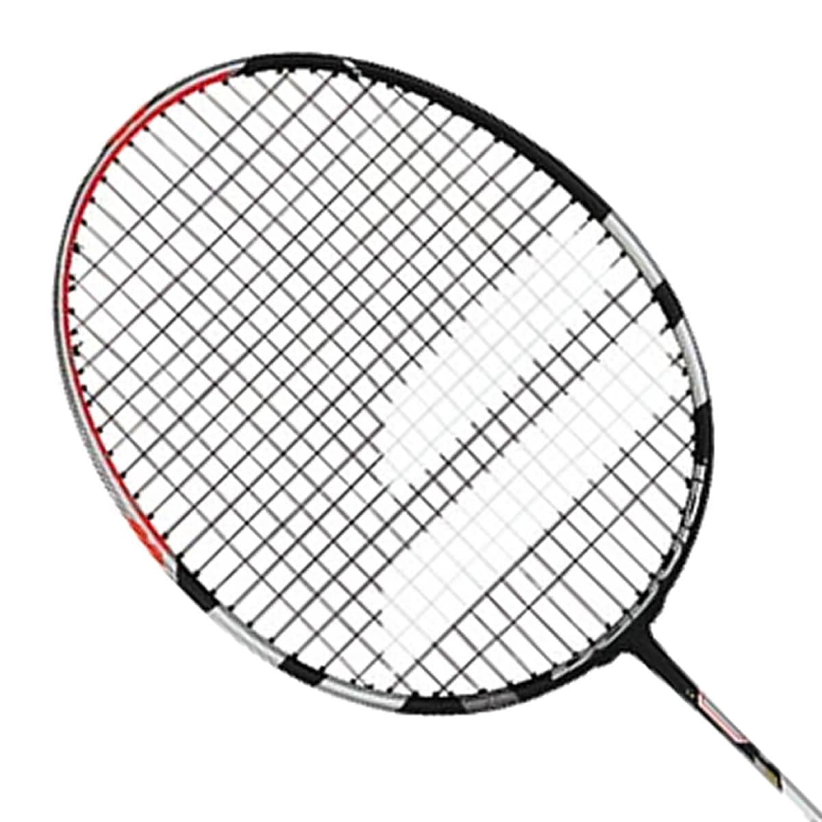 The image showcases the Babolat X-Feel Power Badminton Racket in grey, featuring a black and white frame with red accents and a grid of strings engineered for precision. The handle is partially visible, emphasizing the X-FEEL POWER technology designed by Babolat to provide exceptional control during play.