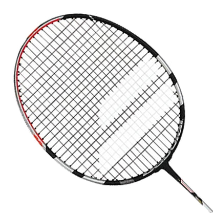 The image showcases the Babolat X-Feel Power Badminton Racket in grey, featuring a black and white frame with red accents and a grid of strings engineered for precision. The handle is partially visible, emphasizing the X-FEEL POWER technology designed by Babolat to provide exceptional control during play.