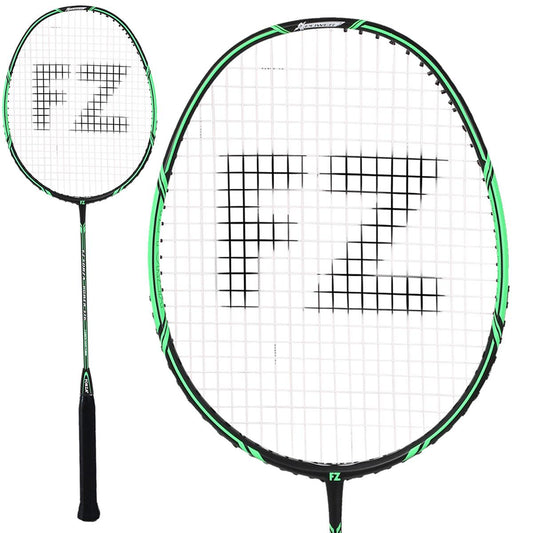 The FZ Forza Power 376 Badminton Racket - Black Green is an ideal choice for beginners, featuring an eye-catching green and black frame. The "FZ" logo is elegantly showcased on the strings. Its sleek black handle perfectly complements the intricate string pattern visible in the racket head's enlarged view, ensuring both precision and power for new players.