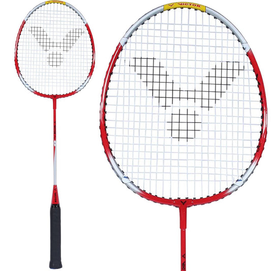 Displayed are two Victor Pro Badminton Rackets in a classic head shape, showcasing red and silver frames with black handles. The durable multifilament strings bear the Victor logo, and a close-up reveals the intricate string pattern and sleek frame design.