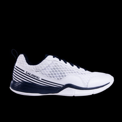 The Salming Viper SL Men's Badminton Shoes feature a sleek white design with navy accents, including black laces and a sole, tailored for sports enthusiasts. The subtle side pattern complements the Salming branding elegantly. These lightweight court shoes are perfect for badminton and are presented against a classic black background.