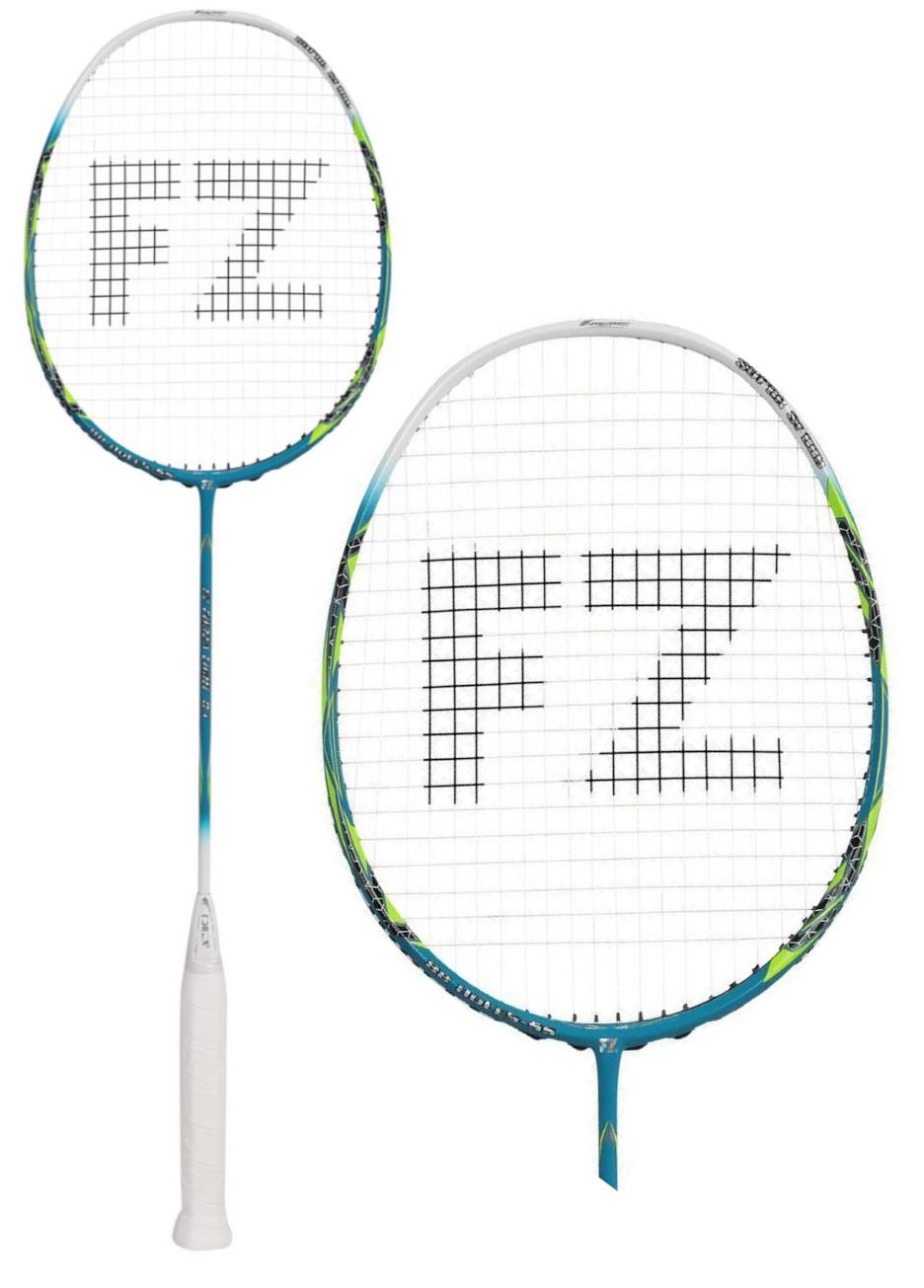 Two FZ Forza Light 8.1 badminton rackets in blue and green, featuring the "FZ" logo on the strings. Constructed from UHM Graphite, these rackets boast a slim shaft with a hint of yellow near the head, delivering both style and performance on the court.