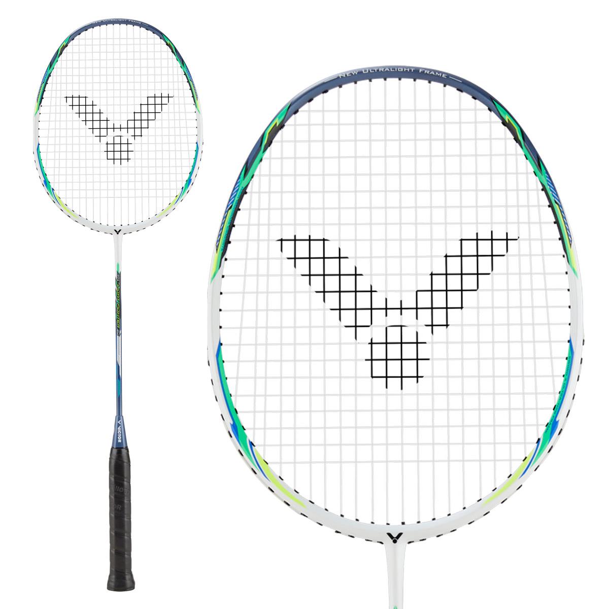 Two perspectives of the Victor Auraspeed Lightfighter 80A badminton racket by Victor, featuring a white frame with strings and prominently displaying a bold black logo at its center. The handle is black, complemented by green and blue accents on the frame. Designed for power and precision, this head-heavy balanced racket is crafted to enhance your game.