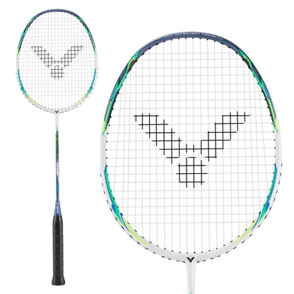 Two perspectives of the Victor Auraspeed Lightfighter 80A badminton racket by Victor, featuring a white frame with strings and prominently displaying a bold black logo at its center. The handle is black, complemented by green and blue accents on the frame. Designed for power and precision, this head-heavy balanced racket is crafted to enhance your game.