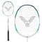 Two perspectives of the Victor Auraspeed Lightfighter 80A badminton racket by Victor, featuring a white frame with strings and prominently displaying a bold black logo at its center. The handle is black, complemented by green and blue accents on the frame. Designed for power and precision, this head-heavy balanced racket is crafted to enhance your game.