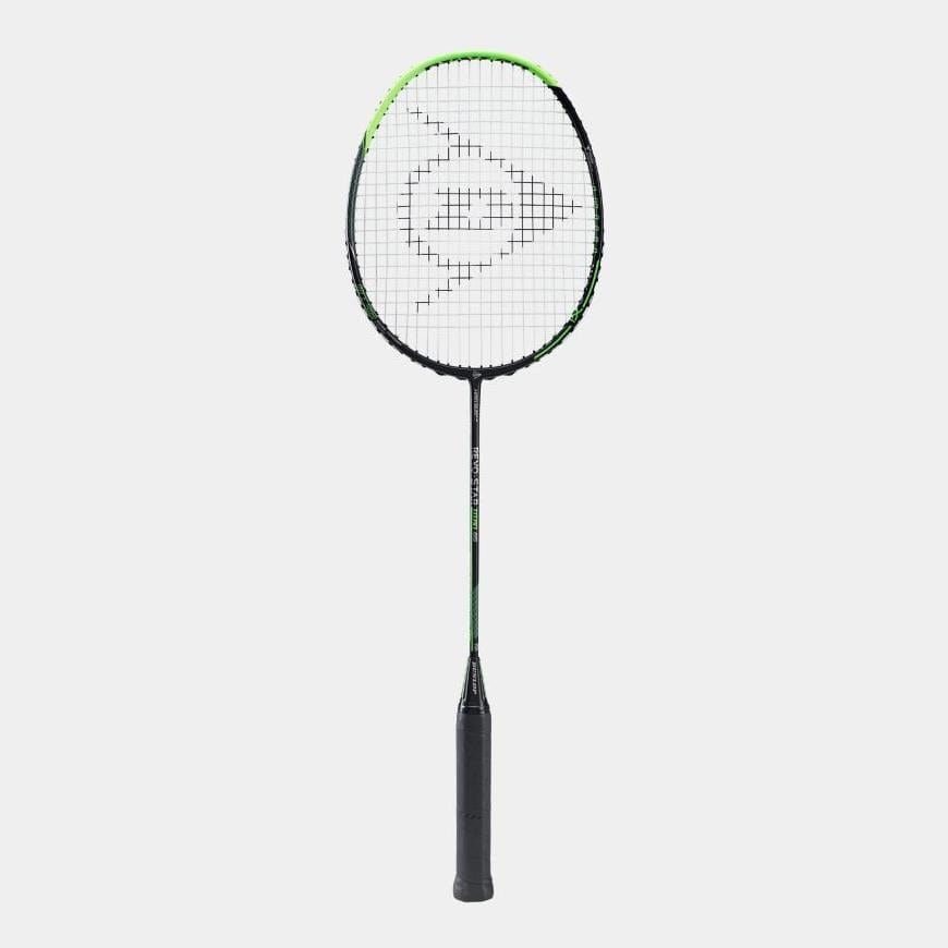 The Dunlop Revo Star Titan 85 Badminton Racket, featuring a dark handle and a green and black frame made from High Modulus Graphite, offers superior strength. It includes an anti-torsional regulator for enhanced stability and has a string pattern with the brand logo in the center, all set against a plain white background.