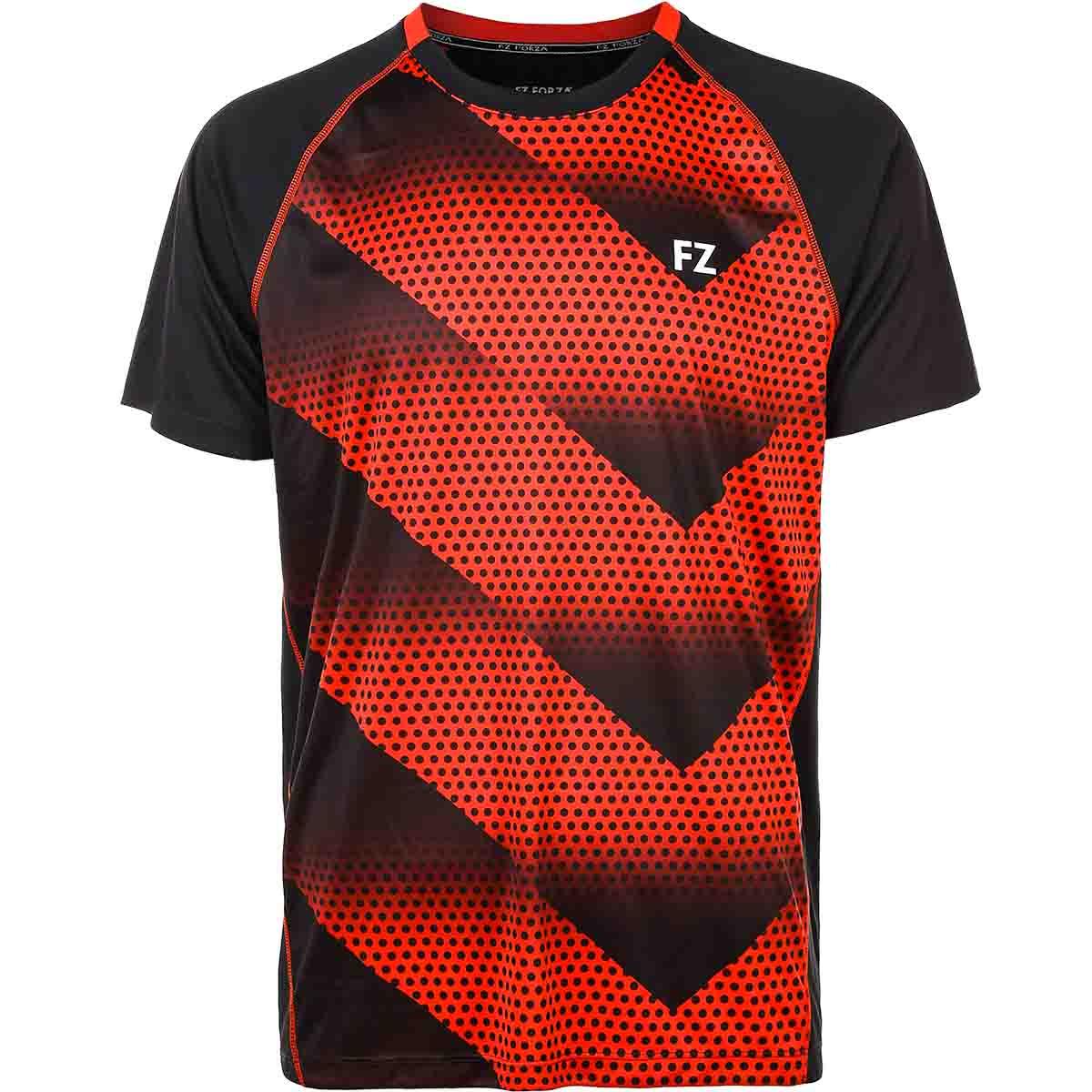 Introducing the FZ Forza Monthy Men's Badminton T-Shirt in 4009 Chinese Red, where Danish design elegance meets athletic performance. This short-sleeved shirt showcases a striking geometric pattern with small dots, accentuated by bold diagonal red stripes on the front. Equipped with advanced Dryforze technology, it ensures quick-drying comfort for any activity.