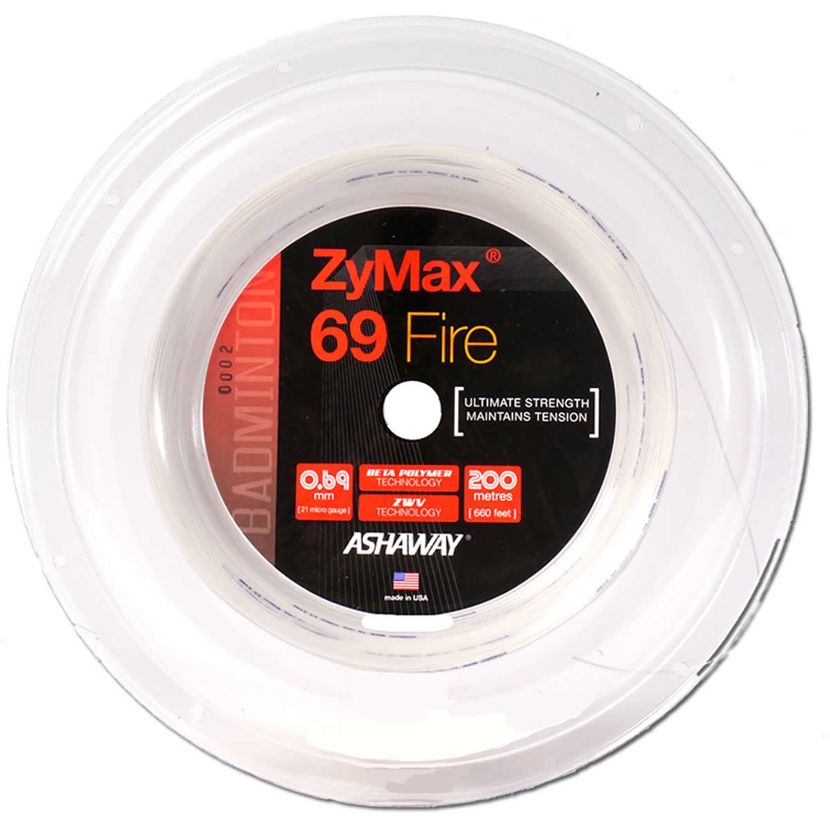 Image of Ashaway's Zymax 69 Fire badminton string, featured in a white 10m packet. The packaging emphasizes ultimate strength, durability, and tension maintenance, boasting specifications of 0.69 mm thickness and crafted with BETA fibers technology for extended string life.