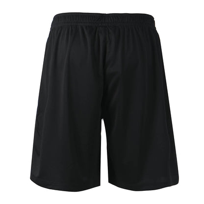 The FZ Forza Landos Men's Badminton Shorts in black, showcasing an elastic waistband and seen from the back, feature a smooth, slightly shiny fabric indicative of their quick-drying properties and Dryforze technology. This makes them an excellent option for badminton clothing or casual sportswear.