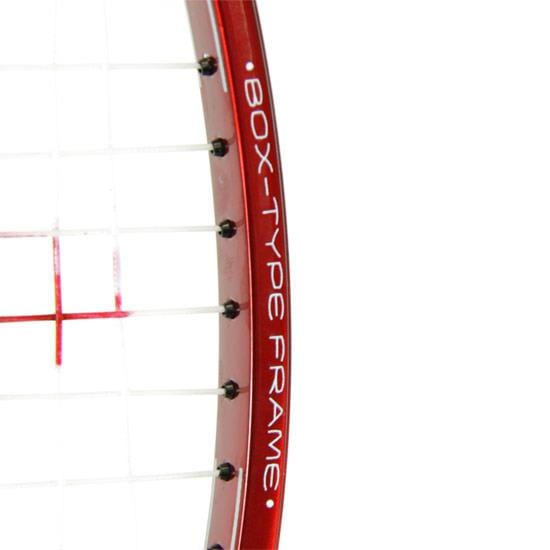 A close-up of a red Li-Ning XiPHOS X1 Badminton Racket frame showcasing "BOX-TYPE FRAME" and "Wing Stabiliser" written along the side, which enhance control and stability. The strings are visible across the right side of the frame.