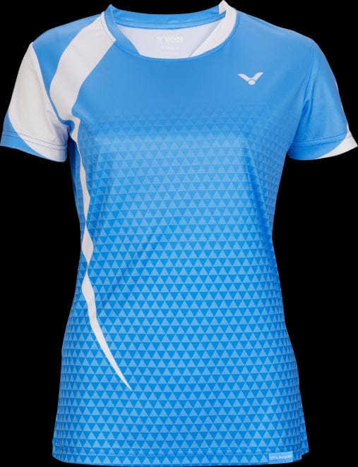 Introducing the Victor Eco Series Women's Badminton T-Shirt T-04102 in Blue and White. Crafted from recycled materials, this athletic tee boasts a stylish white geometric pattern, featuring a unique diagonal stripe on the left shoulder and sleeve. The design incorporates small triangular details across the fabric, while a subtle logo adorns the right chest area. Its black background enhances the eco-friendly aesthetic of this standout piece from Victor.