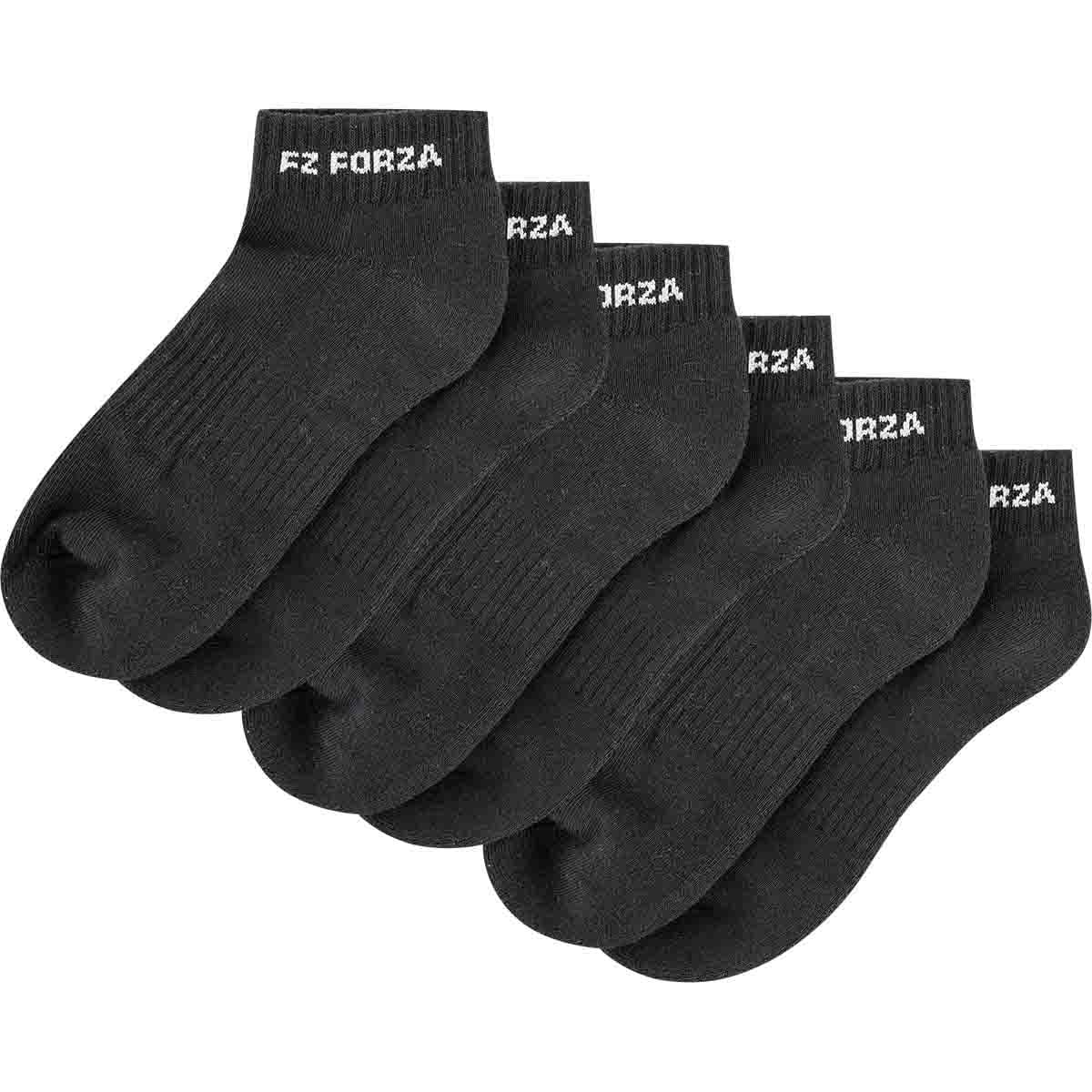 A set of three pairs of black ankle socks from FZ Forza, known as the FZ Forza Comfort Short Black Badminton Socks, is neatly arranged in a row. Each sock showcases the words "FZ Forza" in crisp white text on the top band, ensuring both comfort and style on and off the court.