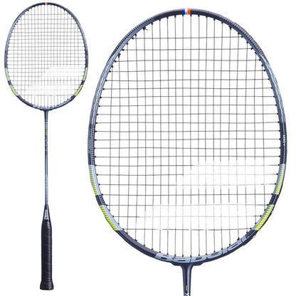 A close-up of the Babolat X Feel Lite Badminton Racket - Blue Grey by Babolat highlights its dark handle and stringed oval head. The detailed view reveals the intricate string arrangement and frame, primarily featuring black with light blue-grey accents at the top. It's designed for a head-light balance and enhanced by the Metriflex System.