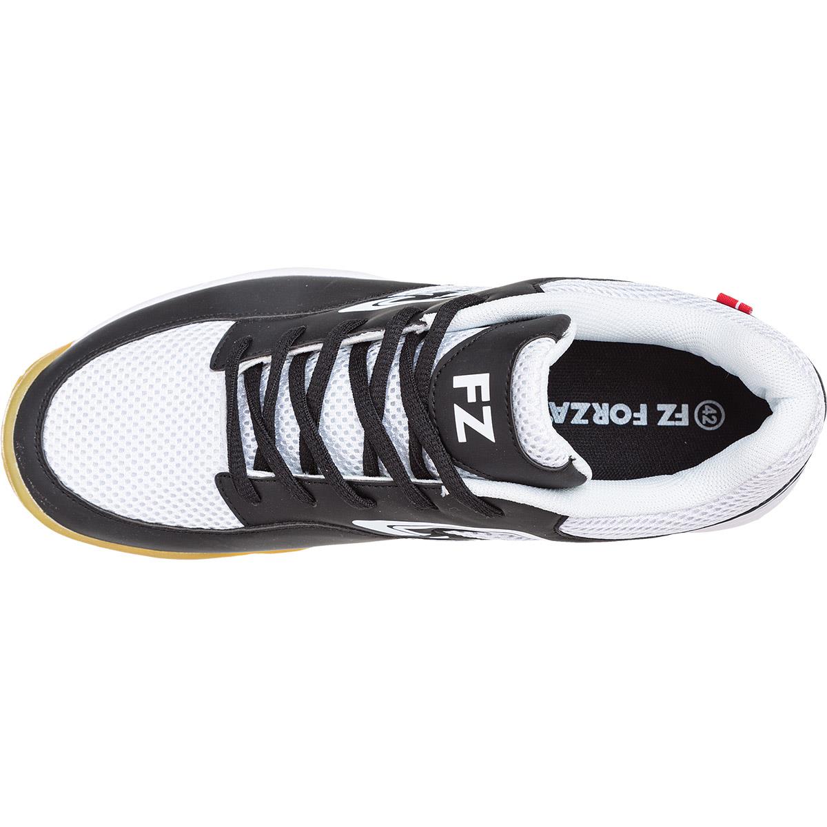 A top view of the FZ Forza X-Pulse Men's Badminton Shoe in black and white reveals "FZ" branding on the tongue and "FZ FORZA" on the Drylex insole. The shoe boasts a mesh upper, black laces, and a rubber sole.