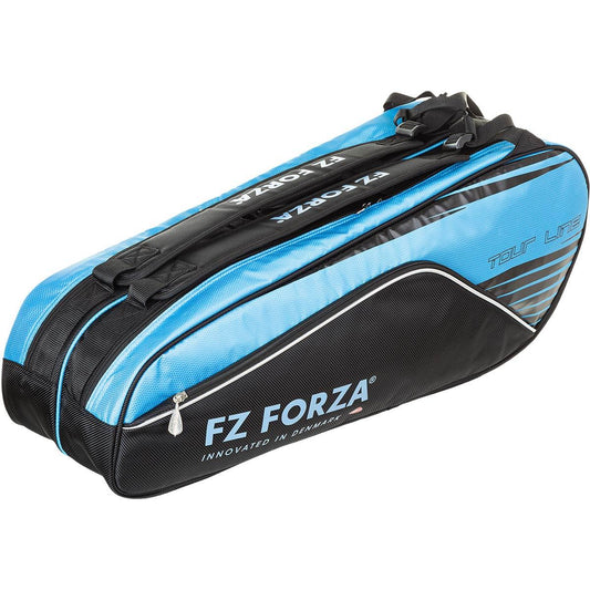 The FZ Forza Tour Line 6 Piece Badminton Racket Bag in Alaskan Blue is a chic option by FZ Forza, designed to accommodate six rackets. It features multiple compartments and zippers for easy organization and has conveniently positioned top handles.