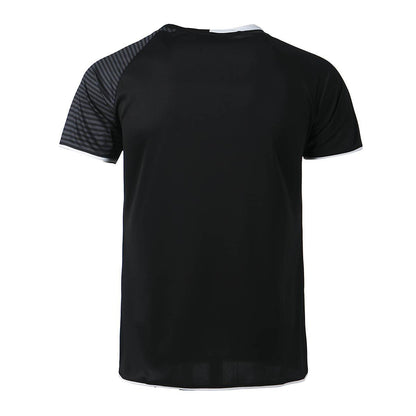 The FZ Forza Sarzan Junior Badminton T-Shirt in black is a sports shirt with short sleeves, shown from the back featuring a striped pattern on one shoulder. Made from Dryforze material, this simple Danish design by FZ Forza is ideal for both casual and athletic activities.