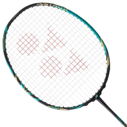 The Yonex Astrox 88S Pro Badminton Racket, in an emerald blue and black frame with red logo markings on the strings, features the Rotational Generator System for optimal performance.