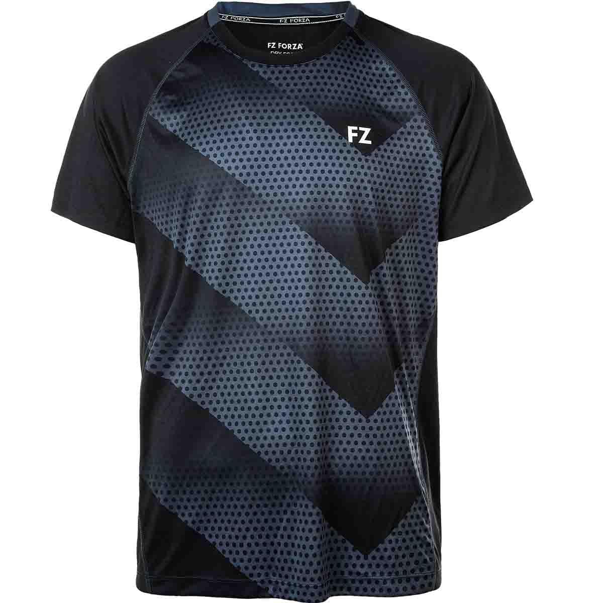 The FZ Forza Monthy Men's Badminton T-Shirt in Steel Grey is a stylish short-sleeve sports shirt featuring a Danish design highlighted by geometric patterns of diagonal stripes and small dots. Made with quick-drying fabric, this shirt ensures comfort during badminton play, with "FZ" printed on the front near the neckline.