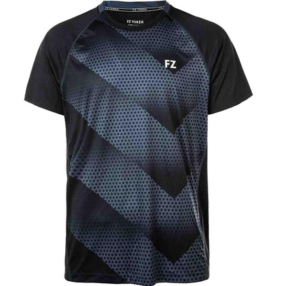 The FZ Forza Monthy Men's Badminton T-Shirt in Steel Grey is a stylish short-sleeve sports shirt featuring a Danish design highlighted by geometric patterns of diagonal stripes and small dots. Made with quick-drying fabric, this shirt ensures comfort during badminton play, with "FZ" printed on the front near the neckline.