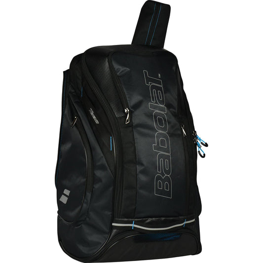 The Babolat Maxi Backpack in Black/Blue is a stylish tennis bag featuring ventilated compartments and a dedicated racket compartment. It prominently displays the Babolat logo on the side and is designed with padded straps for comfortable carrying.