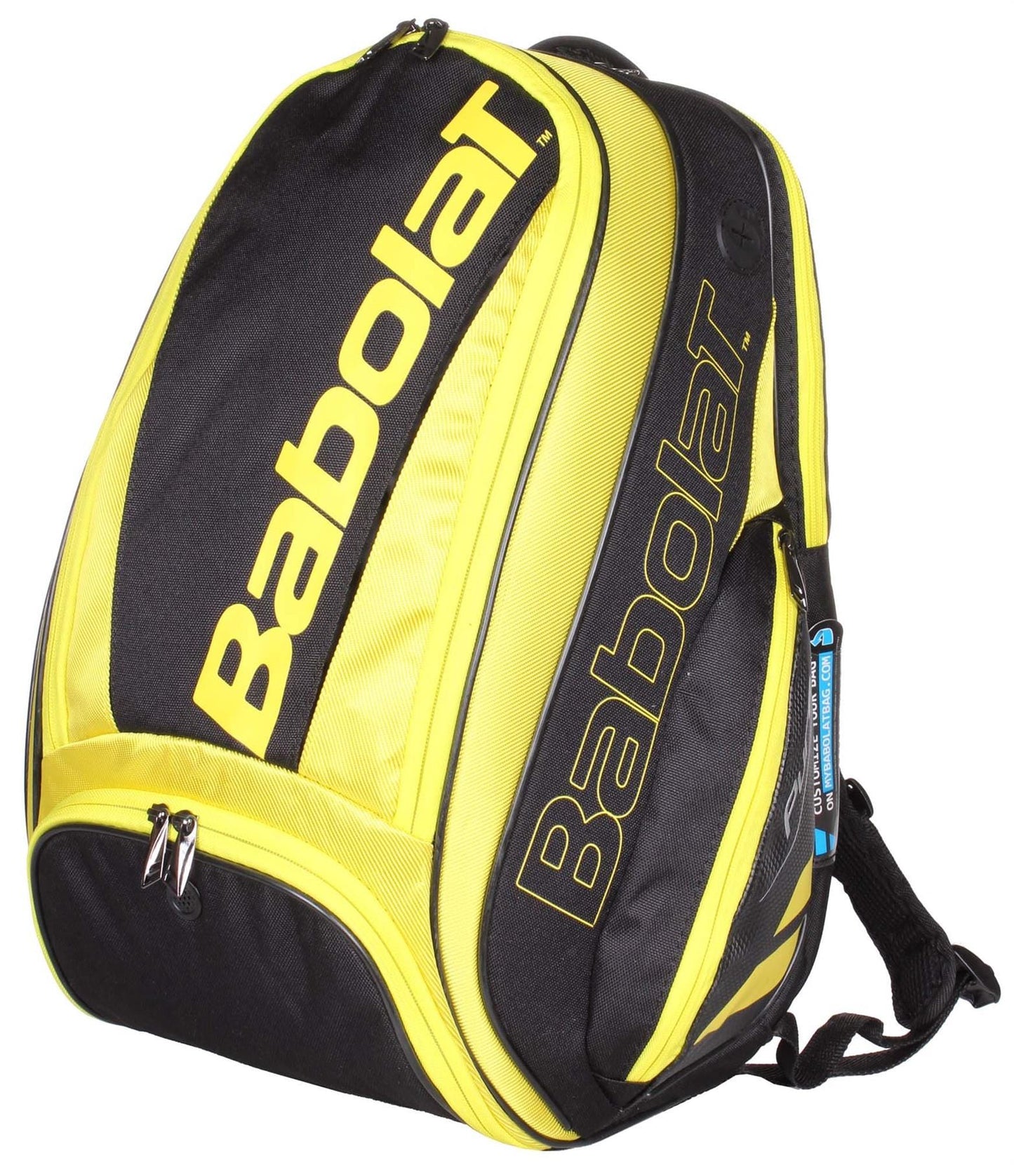 The Babolat Pure Aero Backpack in Yellow/Black is a stylish tennis racket bag that features multiple zippered and ventilated compartments. The brand name "Babolat" is prominently displayed in bold yellow text on the front, making it a functional and fashionable choice for any tennis enthusiast.