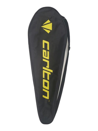 The Carlton Powerblade EX200 badminton racket cover is black with "Carlton" prominently displayed in bold yellow letters and features the brand's logo at the top. Its teardrop shape is designed to enhance control and power, and a smooth zipper runs along its edge.