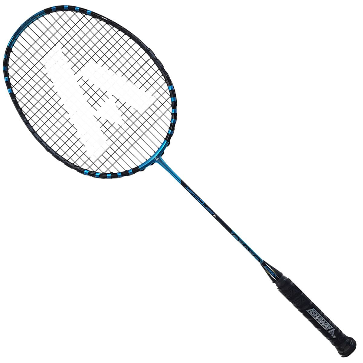 Presenting the Ashaway Nanoqube SL Badminton Racket, a highlight in our collection. This black and blue masterpiece features a Qubatech profile with a unique string pattern. Its frame is elegantly decorated with small blue accents on a sleek black backdrop and is paired with a comfortable black handle for optimal performance.