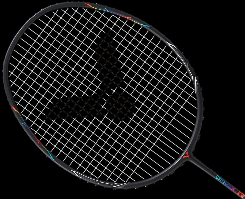 The Victor Drive XR Badminton Racket by Victor features a head light design with a grid-like string pattern. The sleek black frame is enhanced with colorful accents near the edges, making the vibrant design details stand out against the plain black background.