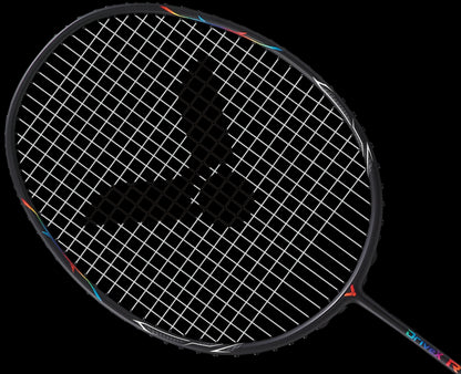 The Victor Drive XR Badminton Racket by Victor features a head light design with a grid-like string pattern. The sleek black frame is enhanced with colorful accents near the edges, making the vibrant design details stand out against the plain black background.