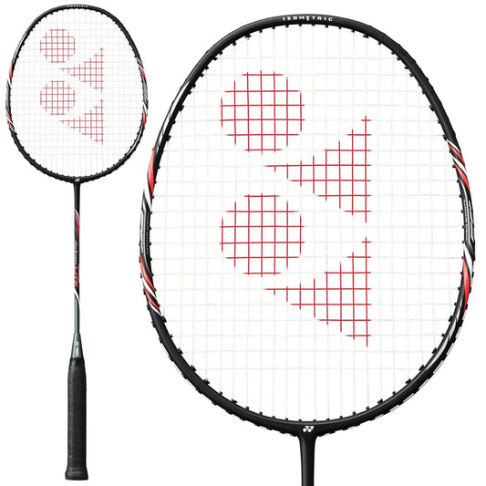 The Yonex Arcsaber Lite Badminton Racket - Black Red is a stylish option for beginners, featuring a distinctive red and white string pattern with a geometric logo. Its handle comes wrapped in black grip tape, and the close-up of the racket head showcases its precise design.