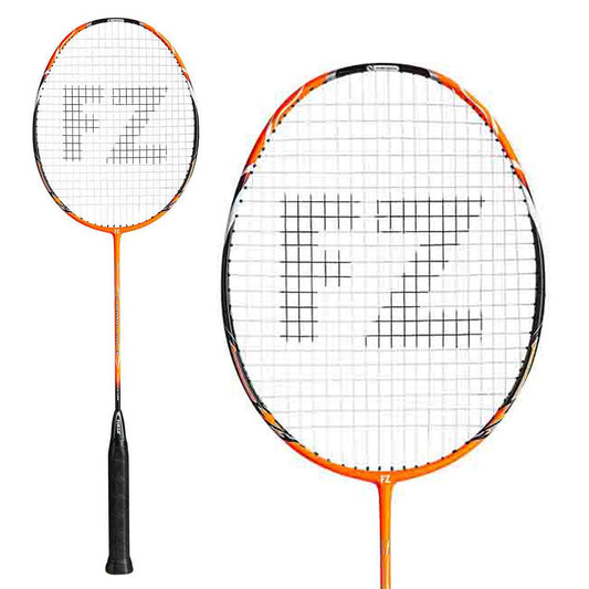 The FZ Forza Precision 12000 VS Badminton Racket in orange, by FZ Forza, features a sleek and lightweight design with orange and black accents. It showcases titanium inserts and the letters "FZ" on the strings. The frame and handle are crafted from woven graphite, making it perfect for advanced players.