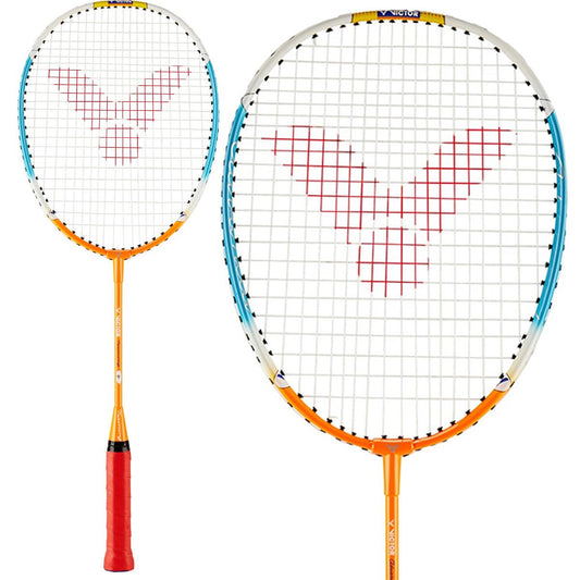 The Victor Training Junior Badminton Racket - Orange Blue by Victor is displayed from two angles, highlighting its orange frame with a black handle and blue accents. The Lawntex strings form a red logo on the drop-shaped head, designed to enhance performance.