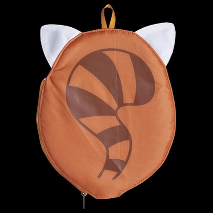 Introducing the Babolat Badminton Racket Head Cover - Red Panda: This round, vibrant orange accessory resembles a cartoon animal and features charming white ears and a striped tail design on the front. It's ideal for carrying essentials or providing stylish protection for your racket. Against a black background, it brings a playful touch to any sports gear collection.