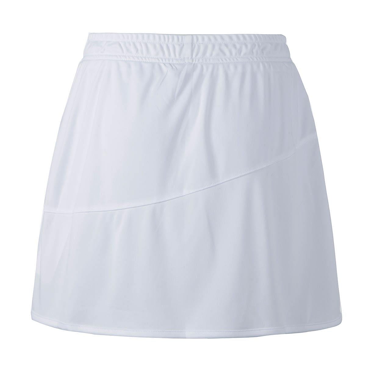 The FZ Forza Liddi 2 in 1 Women's Badminton Skirt in white, showcased on a flat surface, features an elastic waistband and subtle stitching details. Crafted from smooth, lightweight fabric enhanced with Dryforze technology for optimal performance, it is ideal for athletic wear such as badminton clothing.