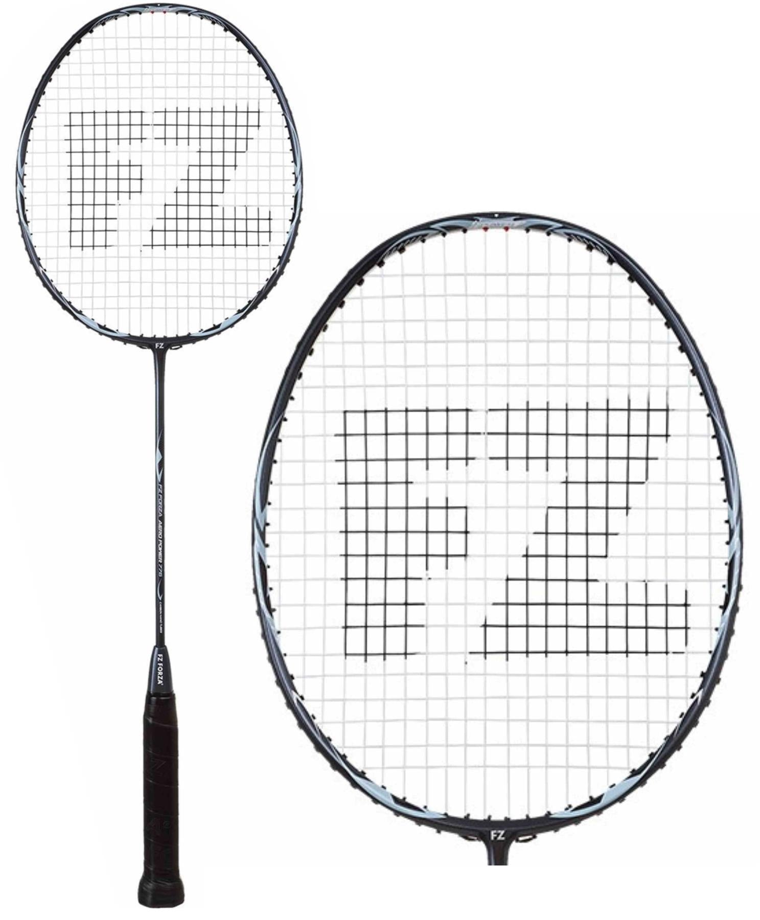 Close-up of the FZ Forza Aero Power 776 Badminton Racket in black, perfect for intermediate to advanced players, with a focus on its strings featuring the "FZ Forza Aero Power 776" branding. The handle is wrapped in black grip tape. One image captures the entire racket, while another emphasizes its head.