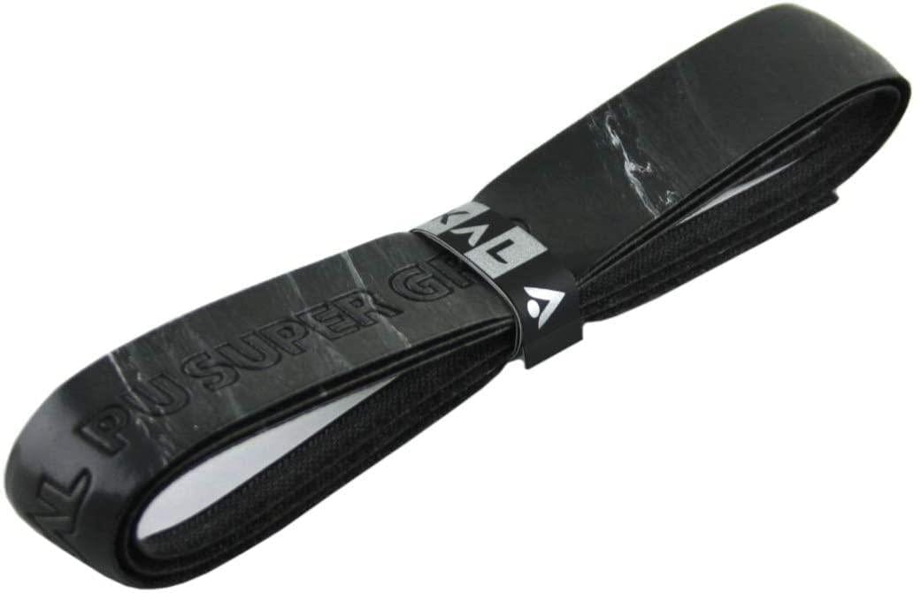 A black rolled-up bicycle handlebar tape, resembling the Karakal PU Badminton Super Grip Marble Effect Single - Black, features "PU SUPER GEL" and "Karakal" in raised letters. It is secured by a subtle marbled black band labeled with the brand name, Karakal.