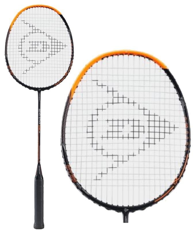 Introducing the Dunlop Revo Star Titan 81 Badminton Racket in Black and Orange. This racket is expertly crafted with High Modulus Graphite to boost performance. Its mesh netting displays a unique logo on the string bed, with detailed views offering a close-up of the head and an overview highlighting its sleek design.