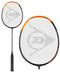 Introducing the Dunlop Revo Star Titan 81 Badminton Racket in Black and Orange. This racket is expertly crafted with High Modulus Graphite to boost performance. Its mesh netting displays a unique logo on the string bed, with detailed views offering a close-up of the head and an overview highlighting its sleek design.