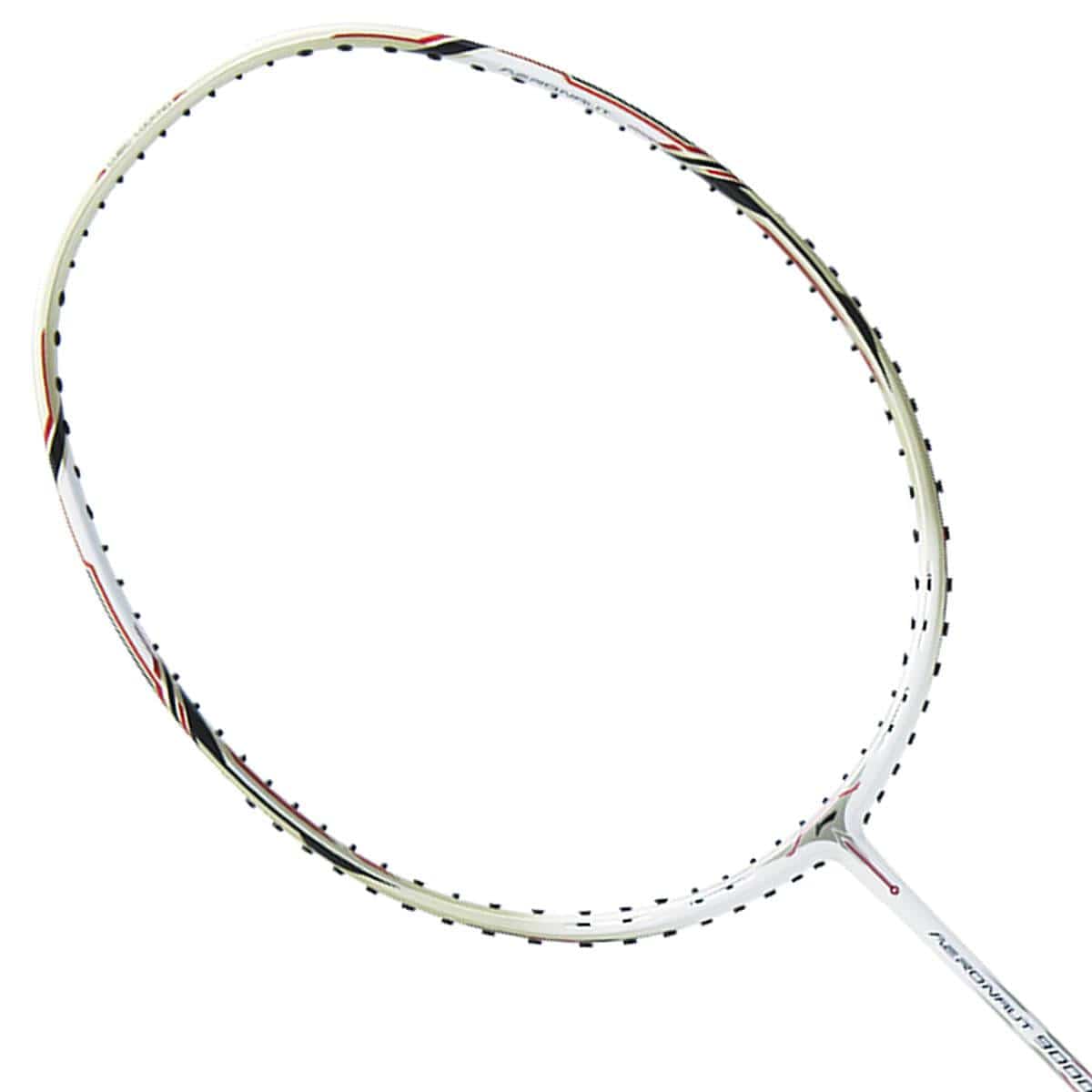 A detailed image of the Li-Ning Aeronaut 9000 Badminton Racket - White Gold displays its oval frame, devoid of strings, featuring a sleek design with small, evenly spaced holes along the edge. The streamlined Aeronaut technology by Li-Ning is prominently highlighted in this model's sophisticated white and gold color scheme.